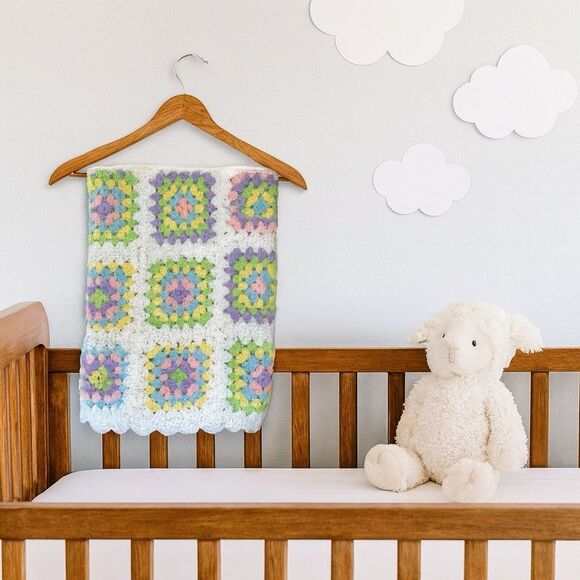 Handmade Crochet Baby Blanket Unisex Pastel Cottagecore Vintage Nursery Swiftie - Picture 2 of 16